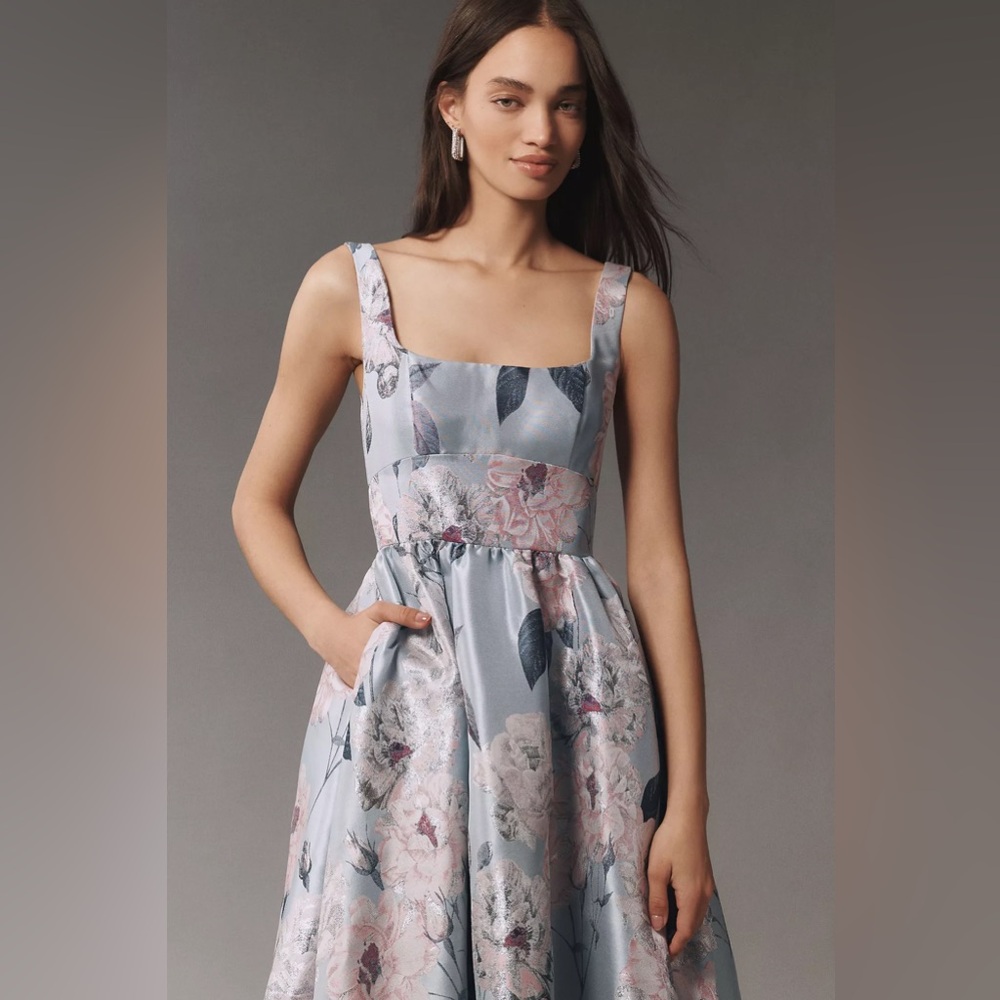 NWT Mac Duggal 11826 Square Neck Floral Printed Satin Maxi Dress Anthropologie - Picture 2 of 8